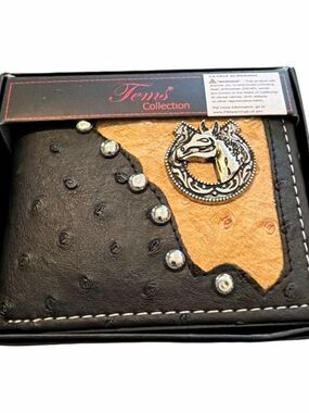 Men's Black & Tan Studded Horse Emblem Bi-Fold Wallet - NEW